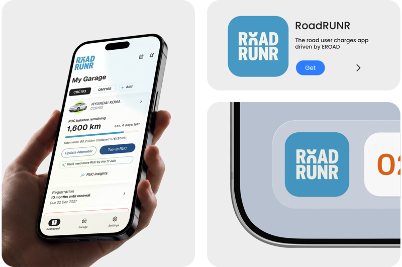 RoadRUNR app on a phone showing the My Garage dashboard and app store listing