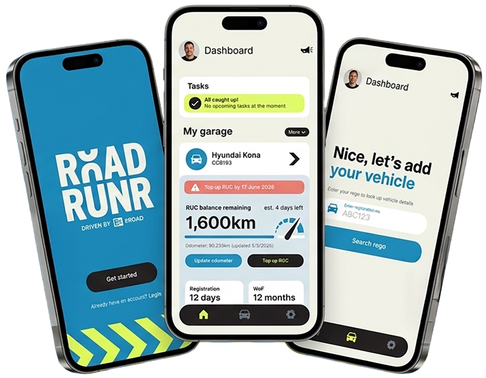 RoadRUNR shown on phones: the RUC balance dashboard
